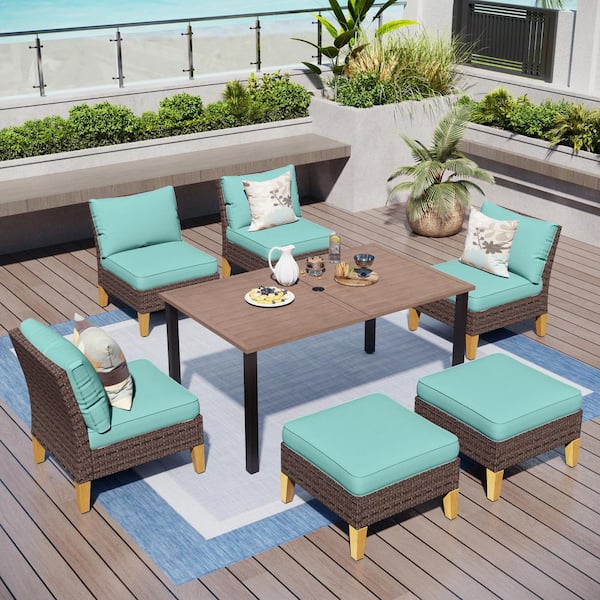 PHI VILLA Brown Rattan Wicker 6 Seat 7-Piece Metal Patio Outdoor Dining Set With Blue Cushions,Rectangular Metal Table, 2-Ottomans