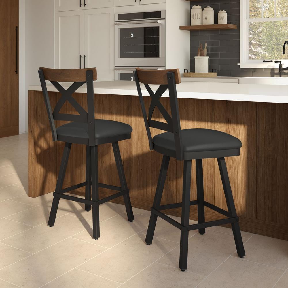 Snyder Black Swivel Bar Stool with Wood and Leather