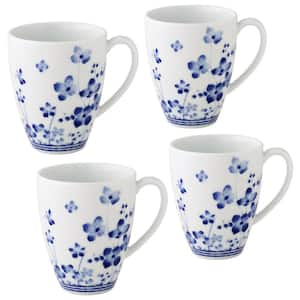 Bloomington Road 16 fl. oz. (White and Blue) Porcelain Mugs, (Set of 4)