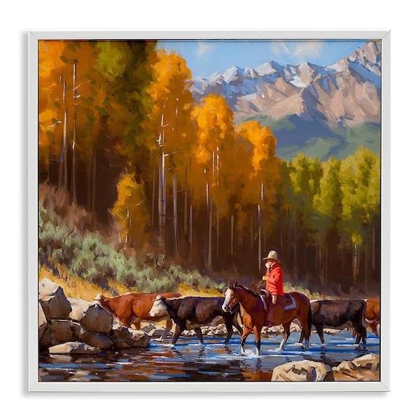 Stupell Industries Herding Cattle Through Stream by Jimmy Dyer 1 Piece Framed Graphic Print Nature Poster Art Print 17 in. x 17 in.