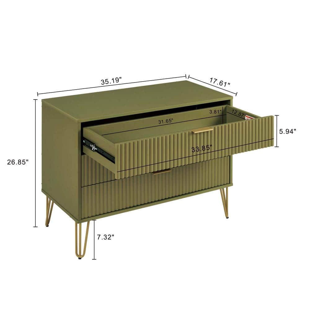 Olive Green 3-Drawer Chest with Gold Hairpin Legs