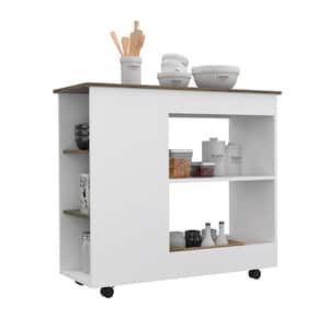 White/Dark Brown Particle Board Kitchen Cart with Storage Shelves and Four Casters