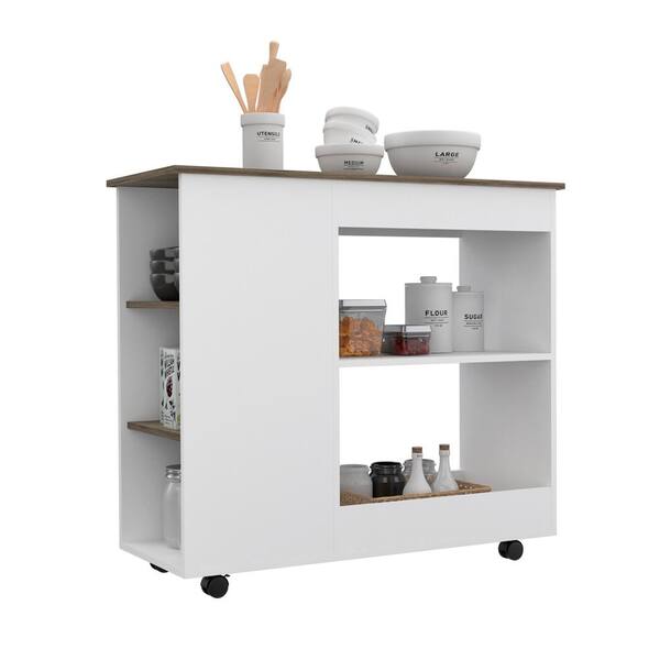 LORDEAR White/Dark Brown Particle Board Kitchen Cart with Storage Shelves and Four Casters