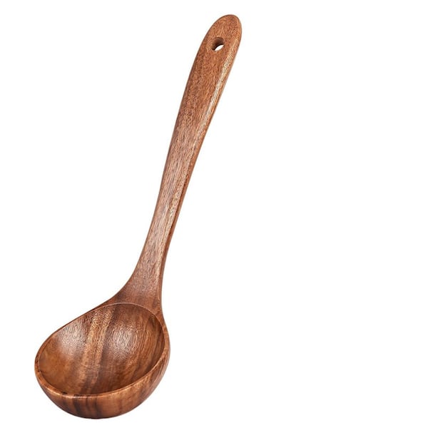 10.6 in. Long Handle Wooden Soup Spoon for Cooking, Teak Acacia Soup Ladle, Non-Toxic Natural Wood Serving Spoon