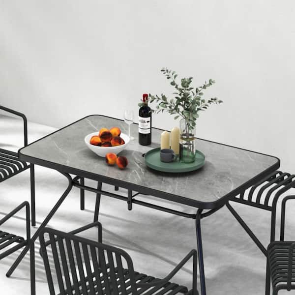 49 in. W Patio Dining Table Metal Frame Outdoor Rectangle Table with with Umbrella Hole for Balcony, Deck or Porch