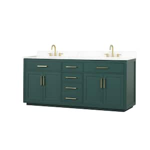 80 Green Freestanding Modern Solid Wood Bathroom Vanity with Double Sink, White Quartz Top Cabinet,3 Drawers, Countertop