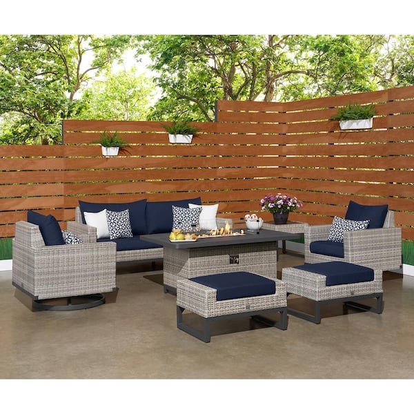 Milo Gray 7-Piece Wicker Motion Fire Pit Conversation Set with Sunbrella Navy Blue Cushions