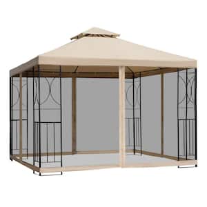 9.75 ft. x 9.75 ft. Beige and Black Outdoor Patio Gazebo Canopy Shelter with Corner Shelves, Netting and Vented Roof