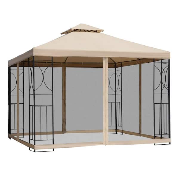 Sudzendf 9.75 ft. x 9.75 ft. Beige and Black Outdoor Patio Gazebo Canopy Shelter with Corner Shelves, Netting and Vented Roof