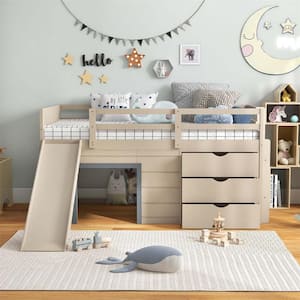 Beige Twin Wood Low Loft Bed with Slide Ladder Storage Drawers and Play Game Space