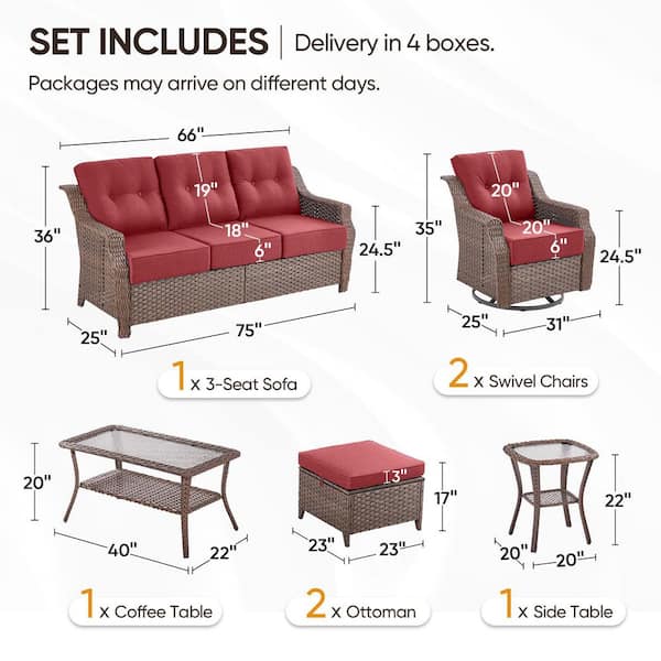 Modern Farmhouse 7-Piece Brown Wicker Patio Conversation Set with 6 In. Red Cushions/Patio Ottoman with Swivel Chairs