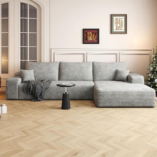 Modern Comfort Collection 107 in. Square Arm 3-Piece Corduroy L-Shape Deep Seat Upholstered Sectional Sofa in Gray