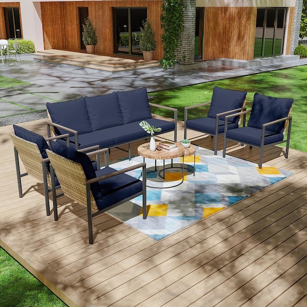INMITOM 6-Piece Outdoor Wicker Patio Conversation Set with Blue Cushions, Seats 7, Includes Coffee Table