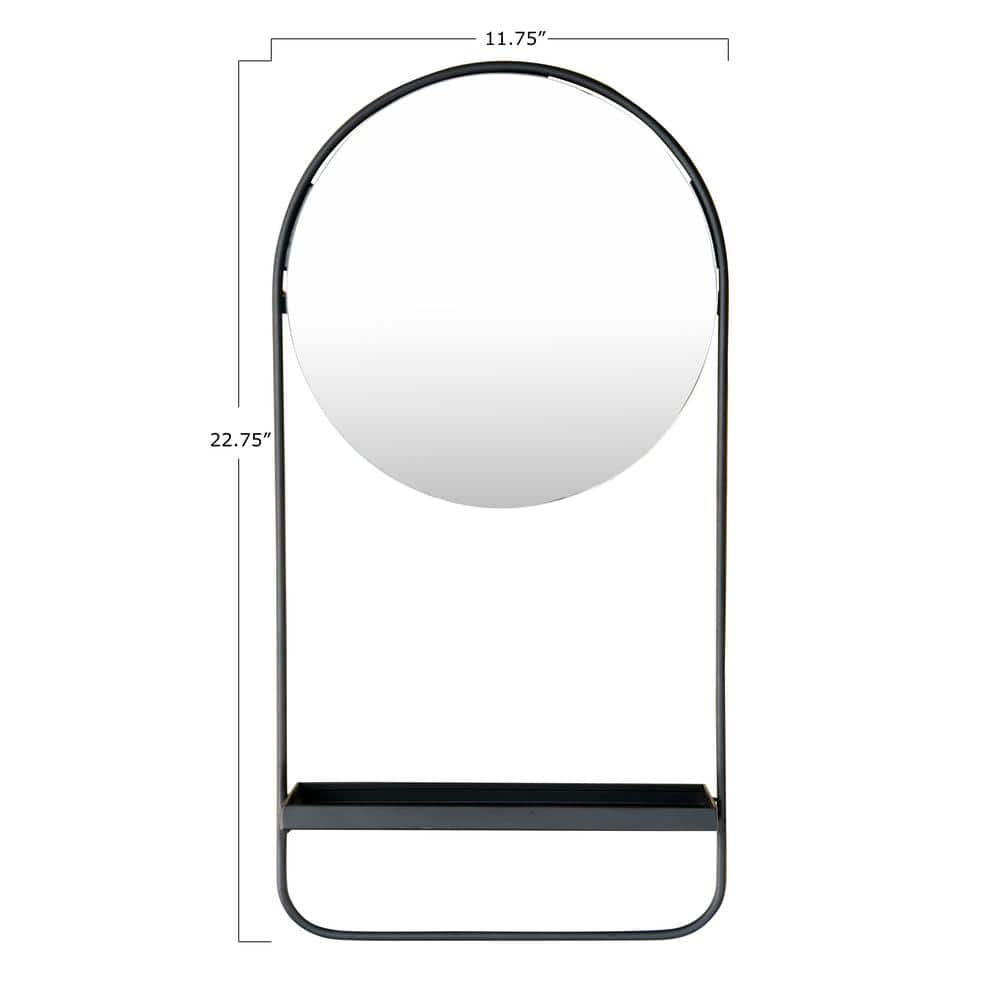 Black Round Metal Wall Mirror with Shelf, 23" Height