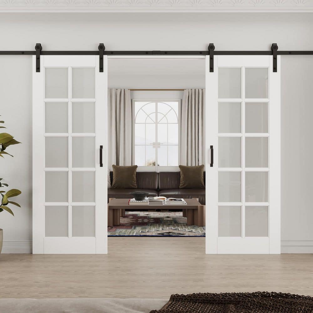 60 in. x 80 in. 10 Lite Tempered Frosted Glass White Primed MDF Sliding Barn Door with Hardware Kit (without Soft Close) price history on PriceWatchPro