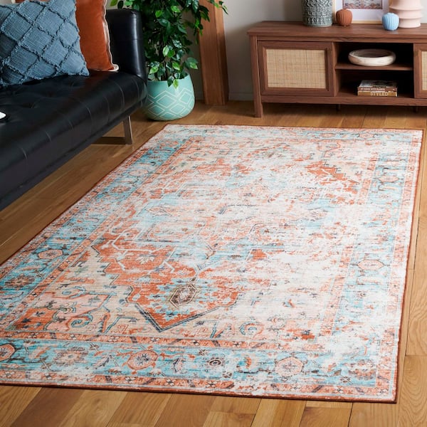 Arizona 3 ft. x 5 ft. Turquoise/Rust Machine Washable Distressed Medallion Ornate Area Rug