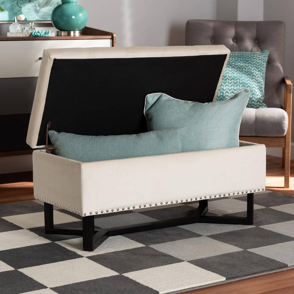Esther Beige Velvet and Dark Brown Wood Tufted Storage Ottoman