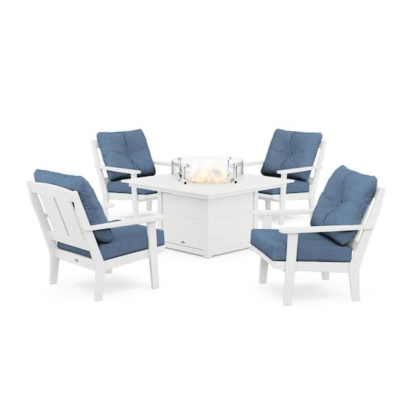 POLYWOOD Mission 5-Pieces Plastic Patio Fire Pit Deep Seating Set in White with Sky Blue Cushions