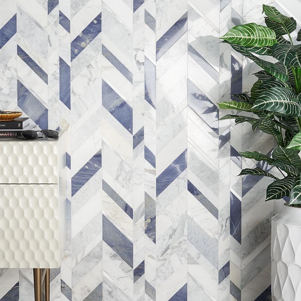 Tyra 12" x 18" Polished Marble and Brass Chevron Wall Tile