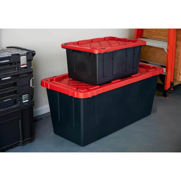 HDX 27 Gal. Tough Storage Tote in Black with Red Lid 206217 - The