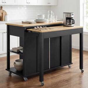 Ximuprmy Black Wood 48 in. Kitchen Island with Trash Can Storage
