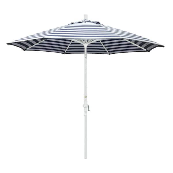 California Umbrella 9 ft. Aluminum Market Collar Tilt - Matte White Patio Umbrella in Navy White Cabana Stripe Olefin