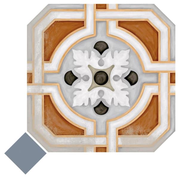 Merola Tile Vaudeville Octagon Deco Zimer with Taco Azzuro 8 in. x 8 in. Porcelain Floor and Wall Take Home Tile Sample