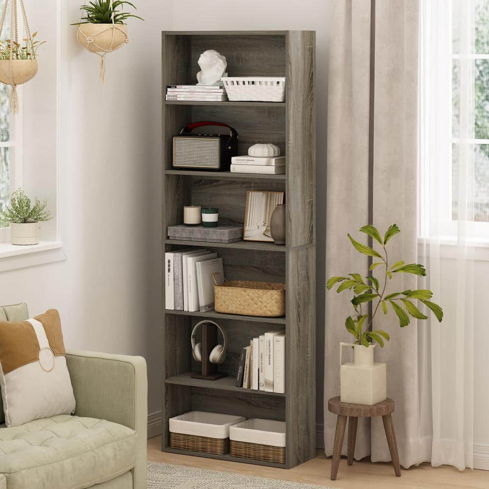 Tall Gray Laminated Wood Adjustable 6-Tier Bookcase