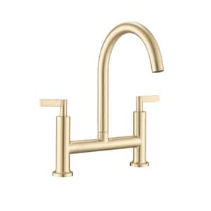 Double Handle Bridge Kitchen Faucet with 360-Degree Swivel Spout Modern Kitchen Sink Faucet in Brushed Gold