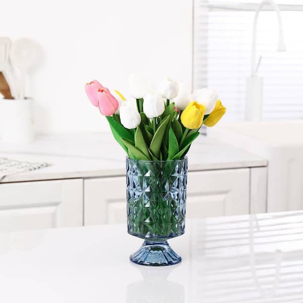 7.2 in. Crystal Blue Round Pedestal Glass Vase, Large Floral Vase