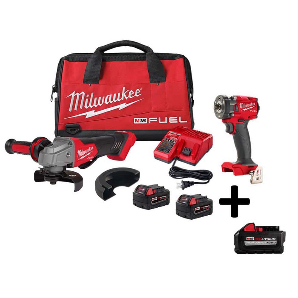 Milwaukee M18 FUEL 18V Lithium-Ion Brushless Cordless Grinder & 3/8 in. Impact Wrench Combo Kit (2-Tool) w/(2) 5ah (1) 8ah Battery -  2991-22-80