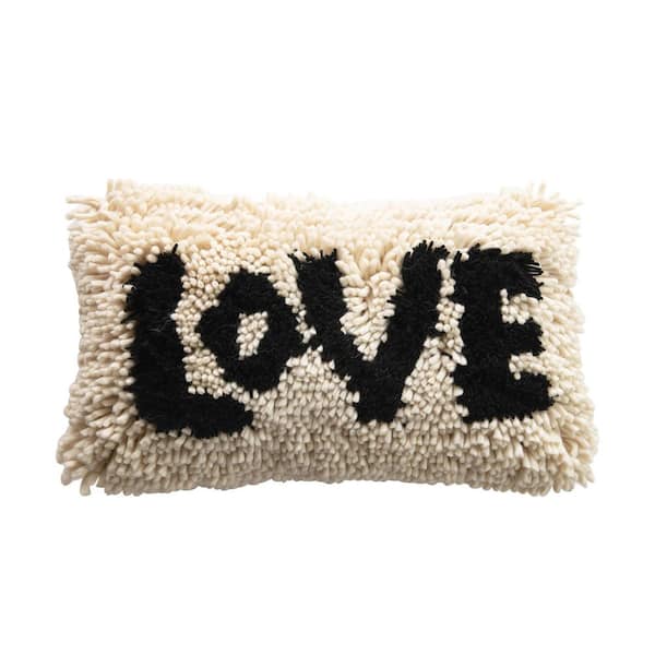 Storied Home Black and Cream Color Woven Wool Shag Lumbar Pillow "Love"