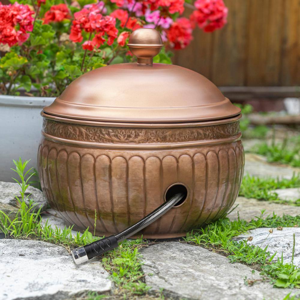 Copper Finish 19" Steel Garden Hose Pot with Lid