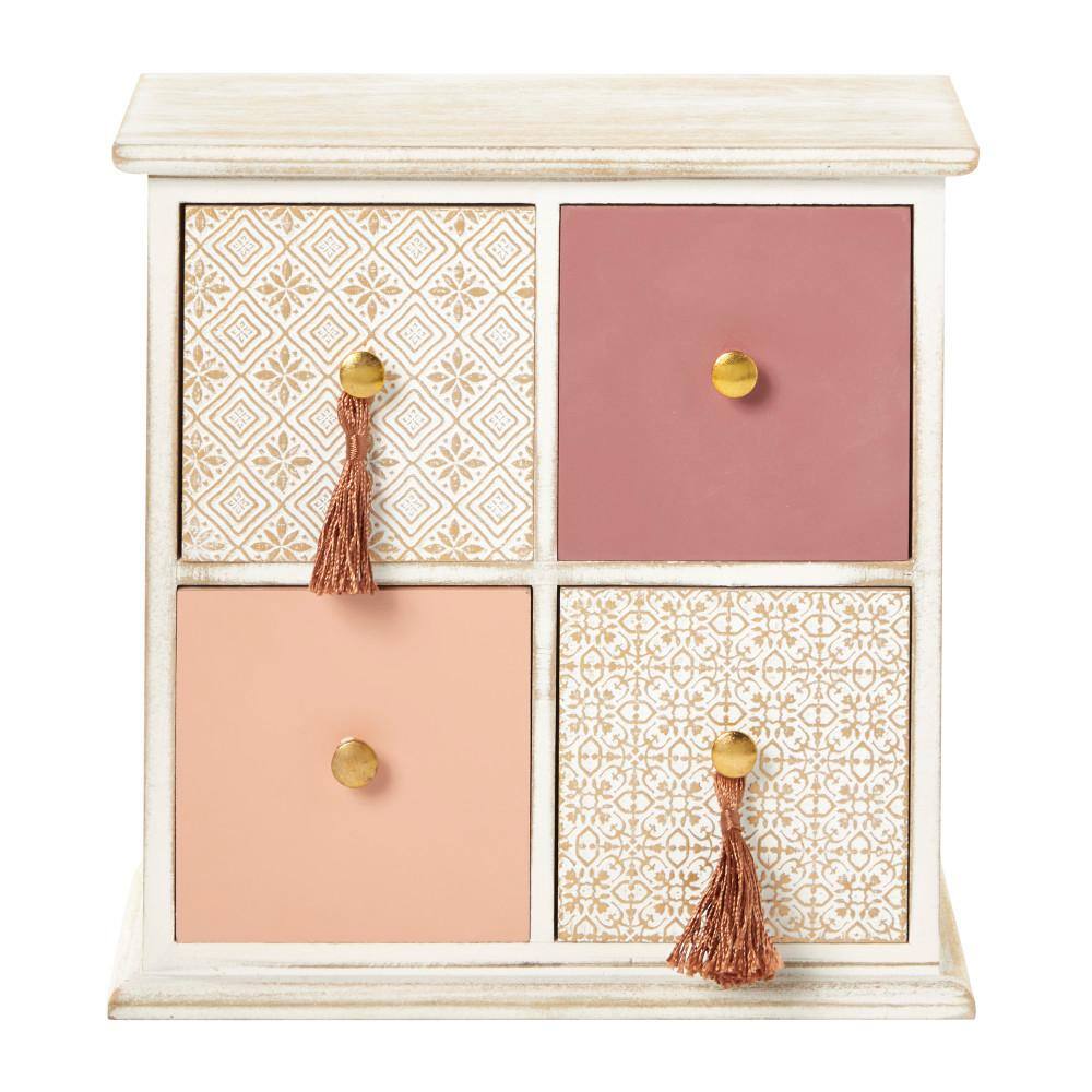 Whitewashed Boho Chic 4-Drawer Wood Jewelry Box with Tassel Knobs