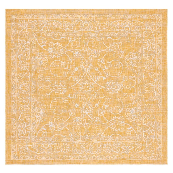 Courtyard Gold/Ivory 7 ft. x 7 ft. Border Floral Scroll Indoor/Outdoor Square Area Rug