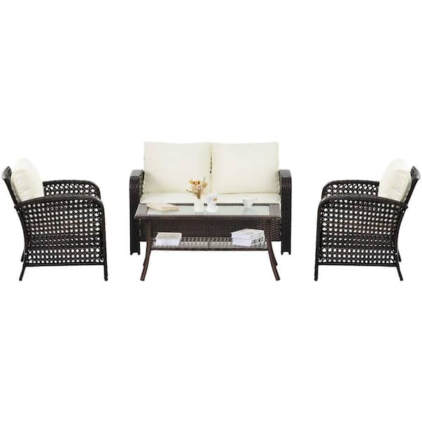 Unbranded Outdoor 4-Piece Wicker Patio Conversation Set with Beige Cushions