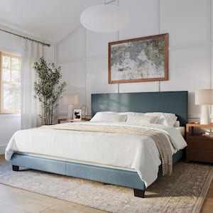 Celeste Blue Upholstered Wood King Panel Bed Frame
