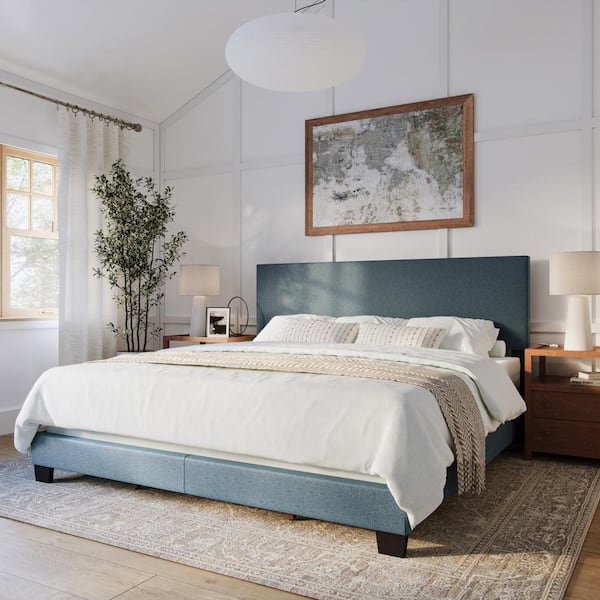 CorLiving Celeste Blue Upholstered Wood King Panel Bed Frame