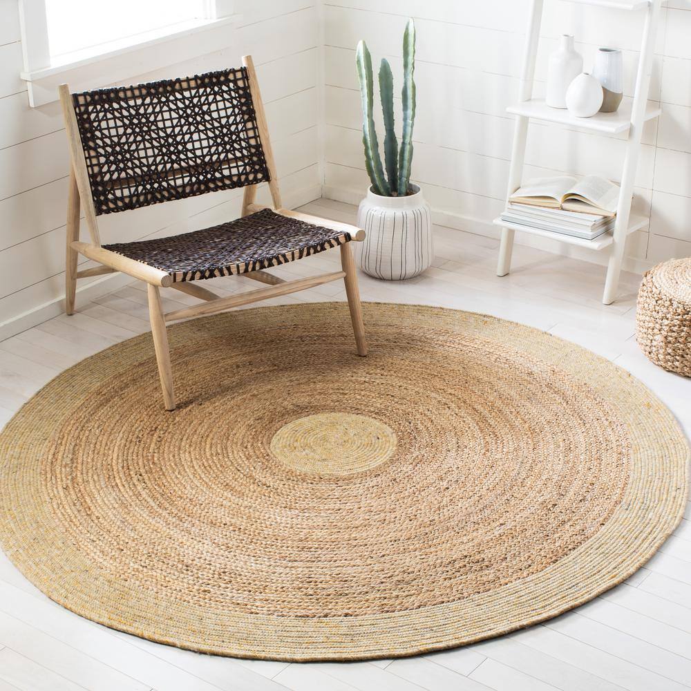 Handwoven Gold and Natural Round Wool Cotton Area Rug