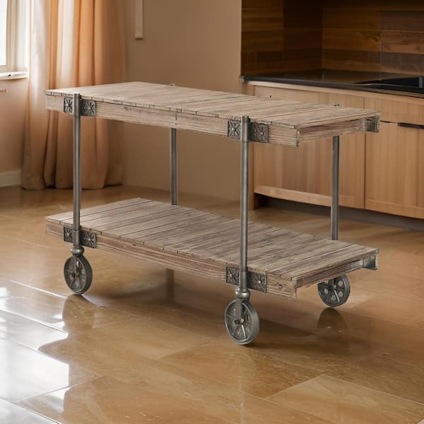 17.75 in. Black and Brown Rectangle Wooden Console Table with Plank Design, 1 Shelf and Wheels