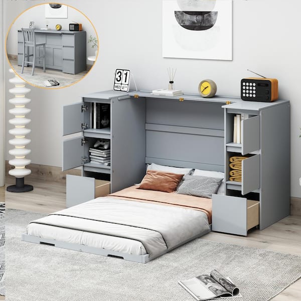 Gray Wood Frame Twin Size Murphy Bed with Drawer, Cabinets, High Stools and USB Ports