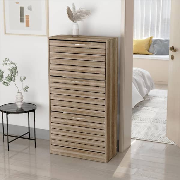 FUFU&GAGA 42.3 in. H x 22.4 in. W Brown Wood Grain 18-Pair Shoe Storage Cabinet with 3-Drawers and Removable Racks