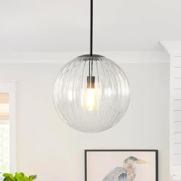 Aero Globe 15 in. 1-Light Matte Black Moderne Adjustable Height Pendant with Clear Ribbed Glass Shade