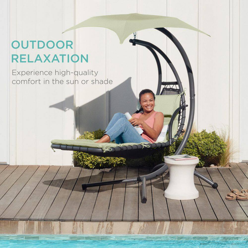 Sage Green Hanging Steel Chaise Lounge Chair with Canopy