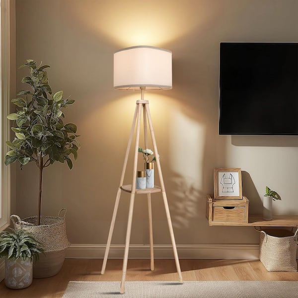 61.4 in. Wooden Tripod Farmhouse Standing Lamp with Shelves, 1-Light Bulb Remote Dimmable Floor Lamp For Bedroom