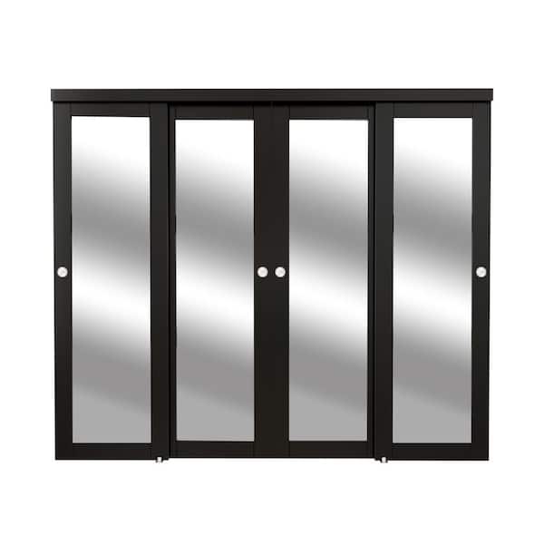 96 in. x 80 in. Solid Core 1-Lite Mirror Black Finished MDF Interior Closet Sliding Door with Hardware