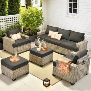 Tiberte Gray 7-Piece Wicker Patio Conversation Seating Set with Black Cushions