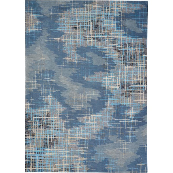Nourison Symmetry Blue/Beige 9 ft. x 12 ft. Abstract Contemporary Area Rug