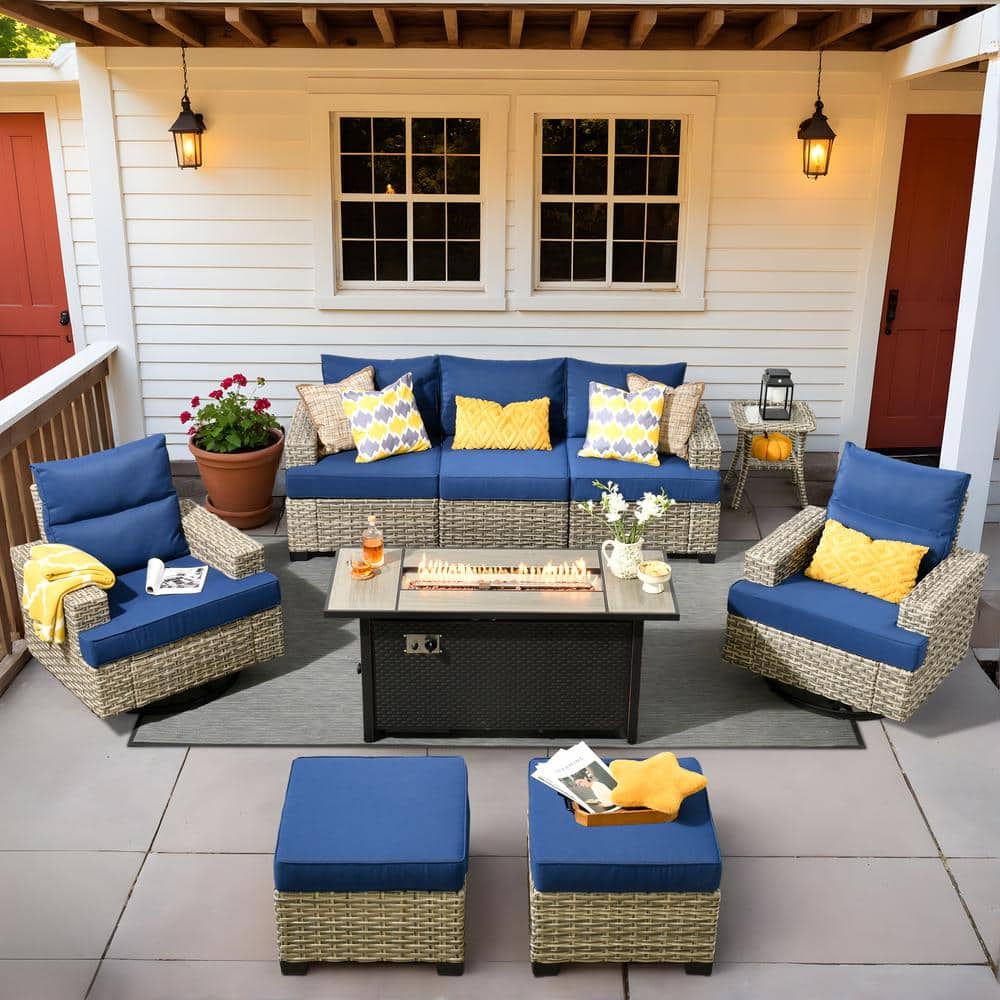 Tiberte Gray 9-Piece Wicker Patio 54 in. Rectangle Fire Pit Conversation Set with Navy Blue Cushions and Swivel Chairs price history on PriceWatchPro