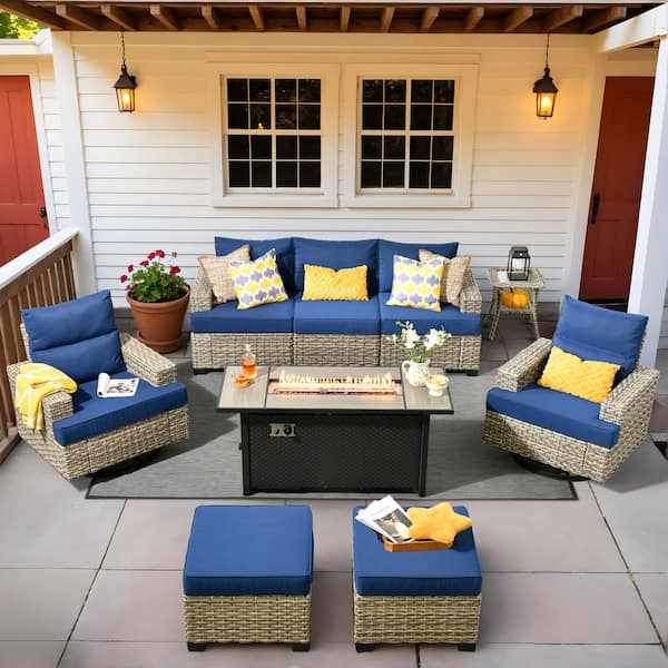 OVIOS Tiberte Gray 9-Piece Wicker Patio 54 in. Rectangle Fire Pit Conversation Set with Navy Blue Cushions and Swivel Chairs